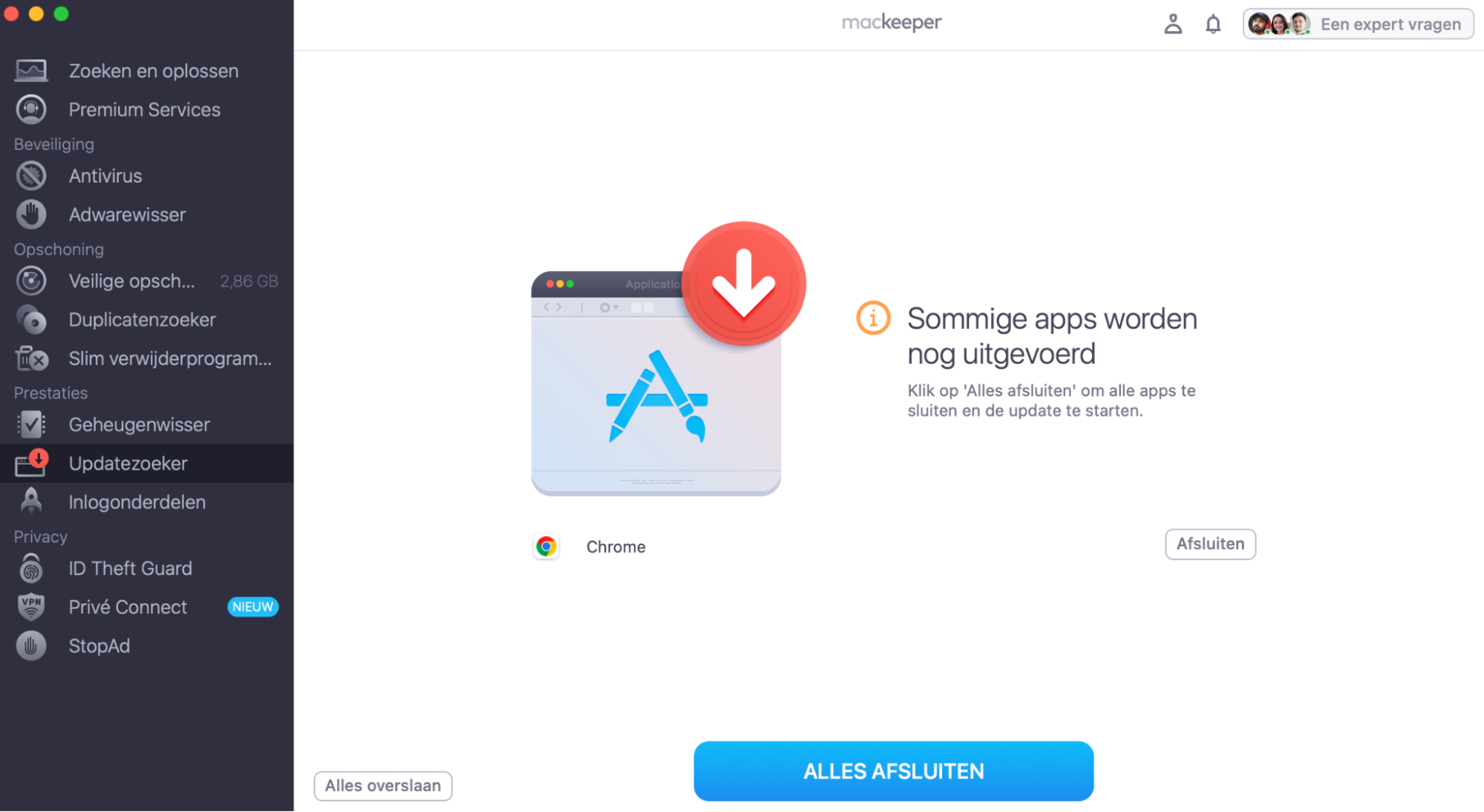 Als een van de apps die je wilt bijwerken momenteel actief is, moet je deze eerst afsluiten. Updatezoeker van MacKeeper kan dit automatisch voor je doen.