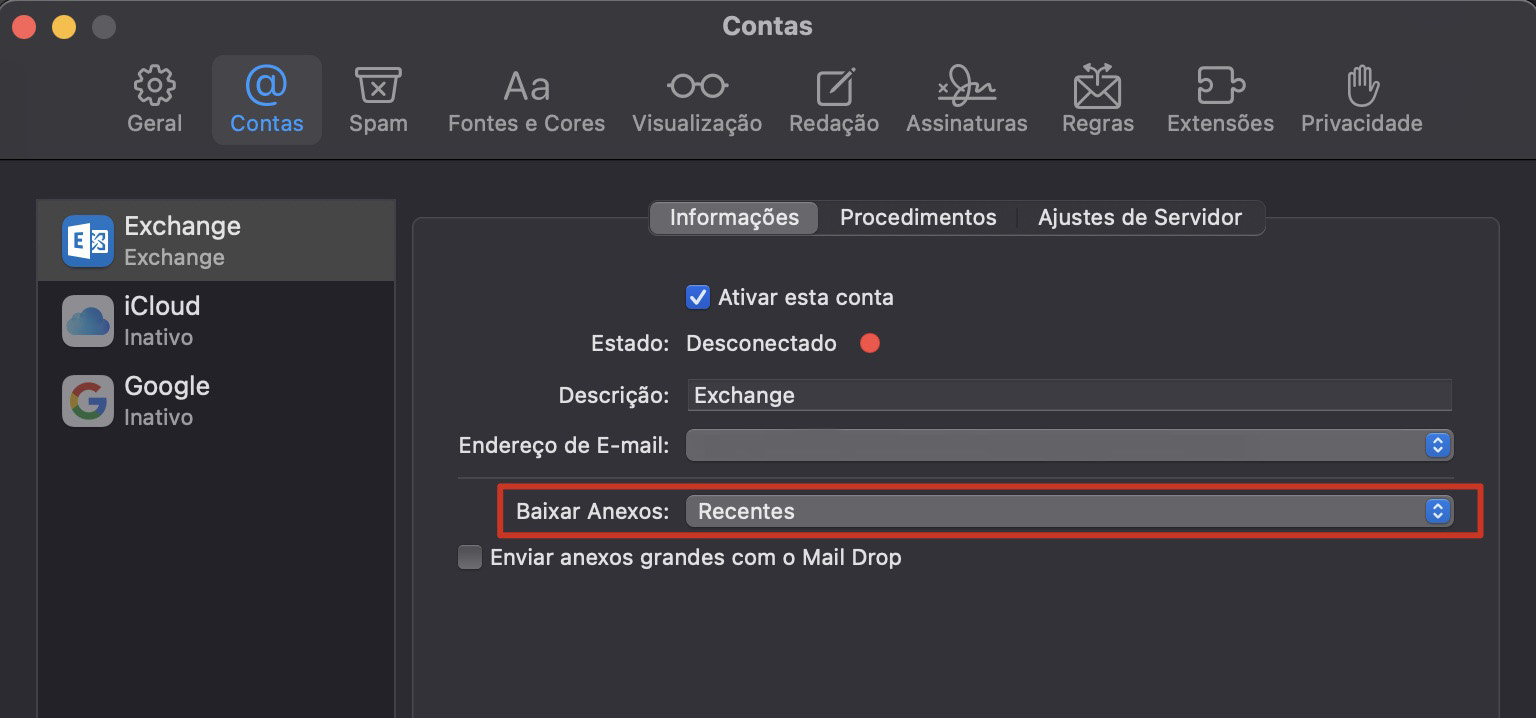 A página de ajustes Contas no aplicativo Mail da Apple. Baixar Anexos está destacado. Como excluir o cache do Mail no Mac: reduzir o espaço utilizado pelo Mail.