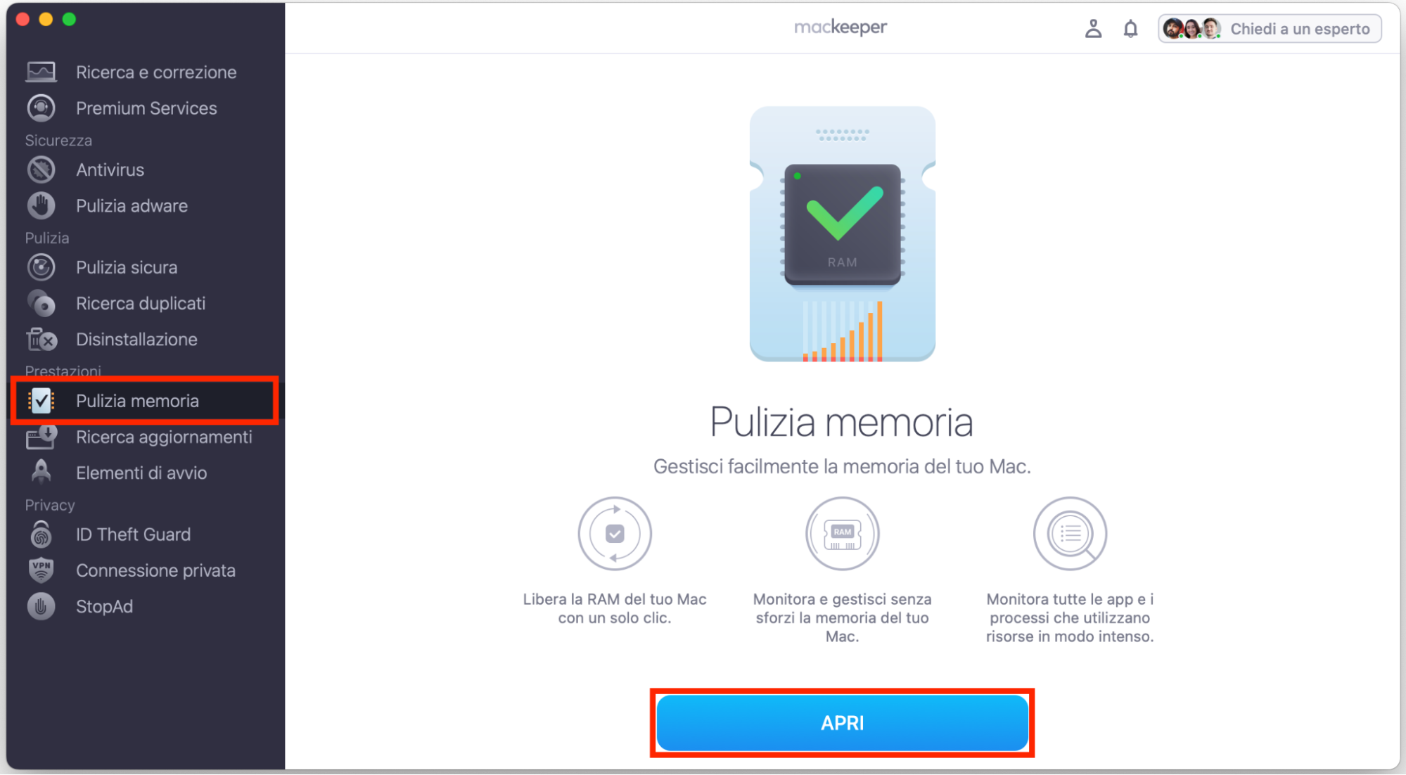 Lo strumento Pulizia Memoria in MacKeeper su Mac. Fai clic su Apri per avviarlo.