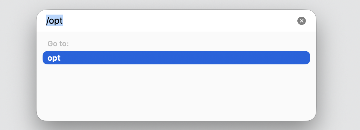 Finder Go to Folder search box on an iMac with the /opt path typed in and the opt directory suggestion ready to open below.