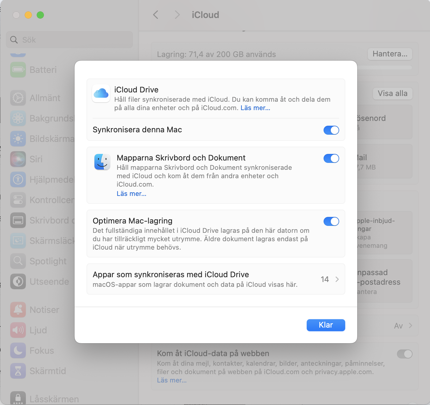 iCloud Drive-menyn i Systeminställningar på Mac som visar vilken data som säkerhetskopieras. Se till att dina filer laddas upp till iCloud Drive för att frigöra utrymme när din Macs startskiva är full.