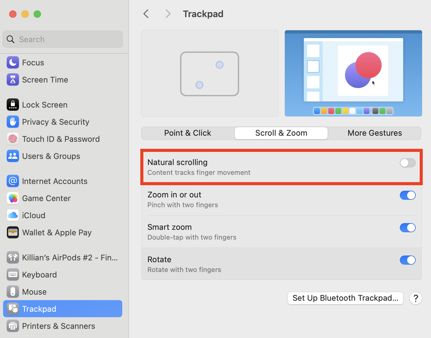 The Trackpad options in System Settings on Mac. Disable Natural scrolling under Scroll & Zoom if you're looking at how to change scroll direction on Mac.