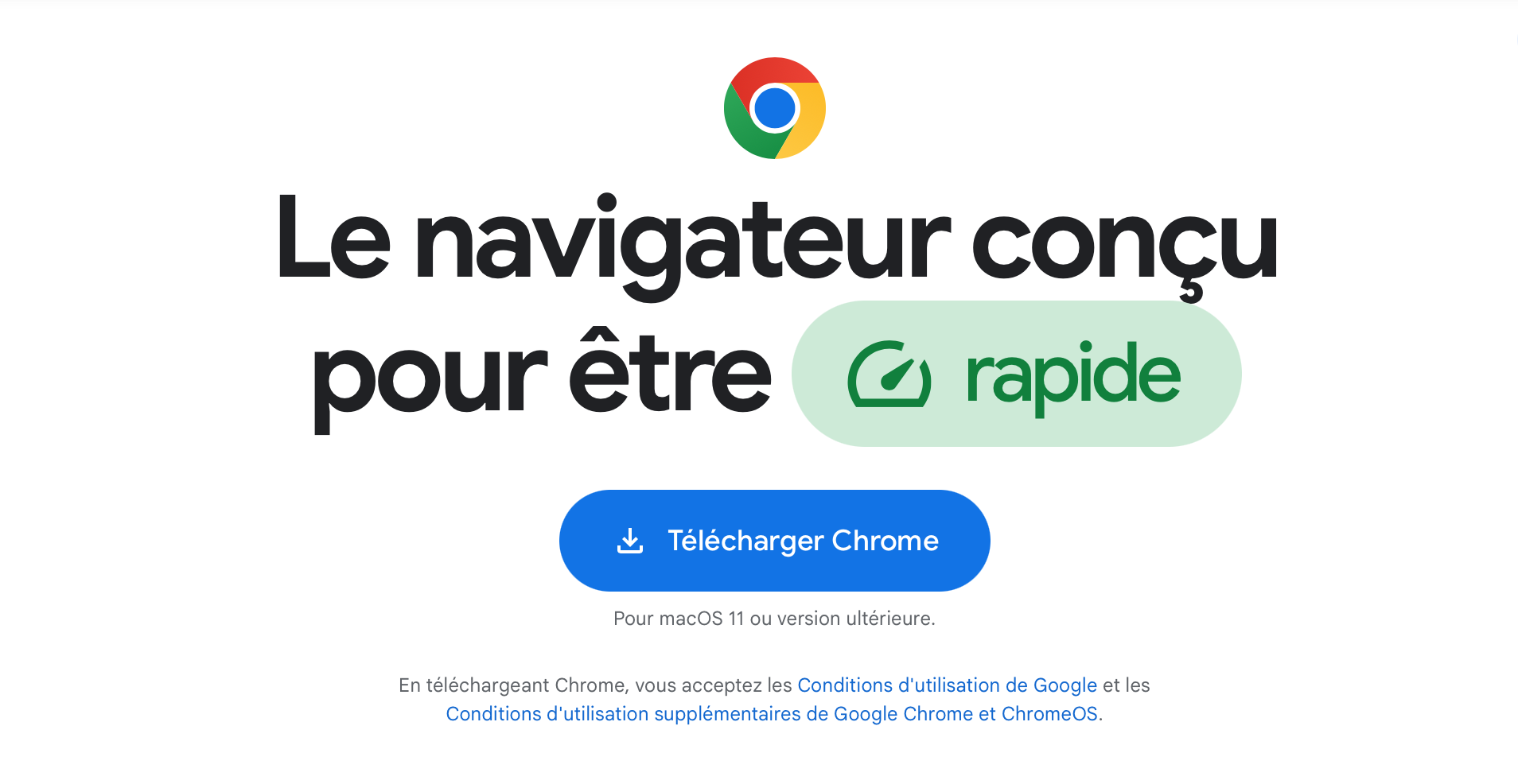 Pour réinstaller Google Chrome, rendez-vous à l’adresse https://www.google.com/chrome/ et cliquez sur Télécharger Chrome.