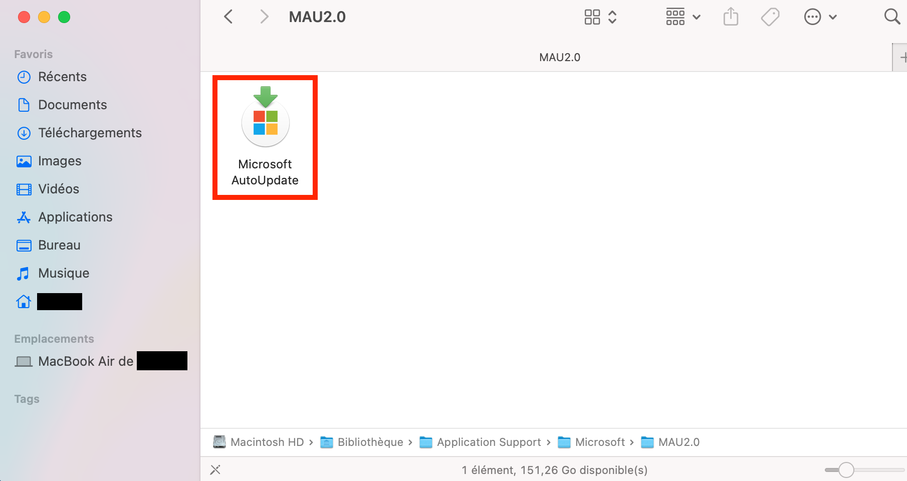 Le dossier Microsoft AutoUpdate est encadré en rouge dans le Finder.
