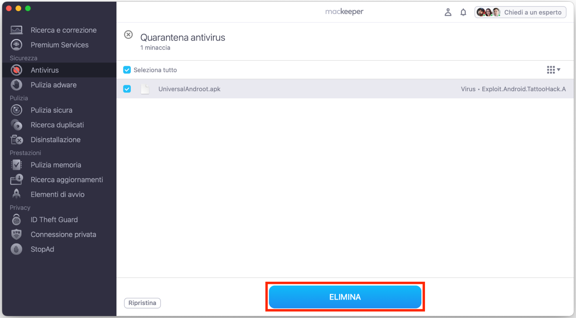 Lo strumento Antivirus in MacKeeper per Mac. Dopo il riavvio, clicca Elimina per rimuovere tutte le tracce di malware trovate da MacKeeper sul tuo computer.