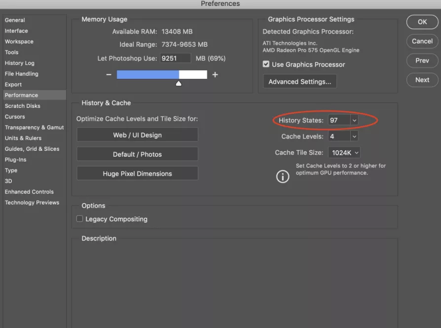 På Performance-fanen ser du etter delen History & Cache. Til høyre ser du en nedtrekkspil ved siden av History States. Hvis dette tallet er høyt, senk det for å forbedre Photoshops brukervennlighet og optimalisere MacBooken din.