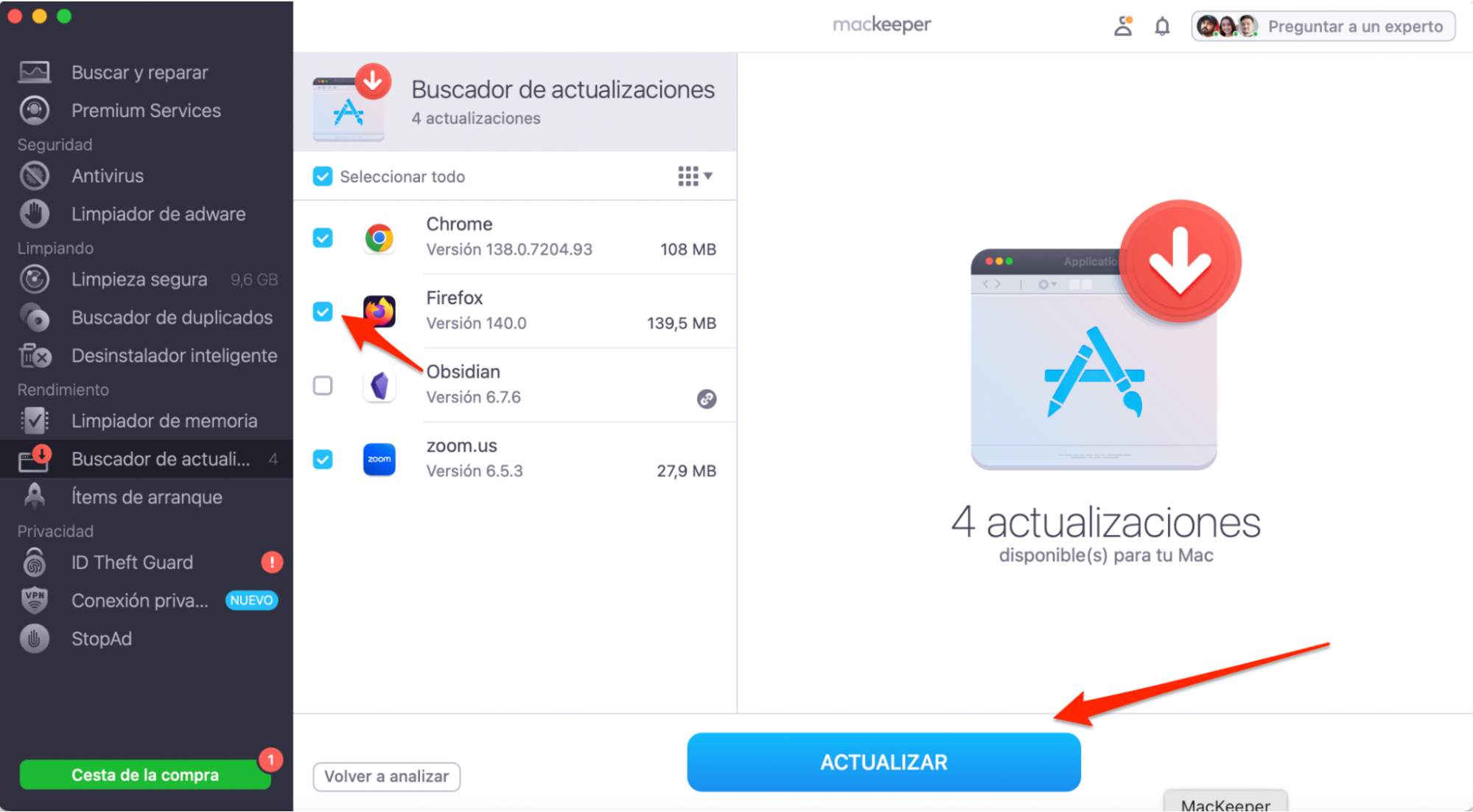 MacKeeper en macOS Monterey muestra la herramienta Buscador de actualizaciones. Selecciona las aplicaciones que deseas actualizar y, a continuación, haz clic en el botón Actualizar.