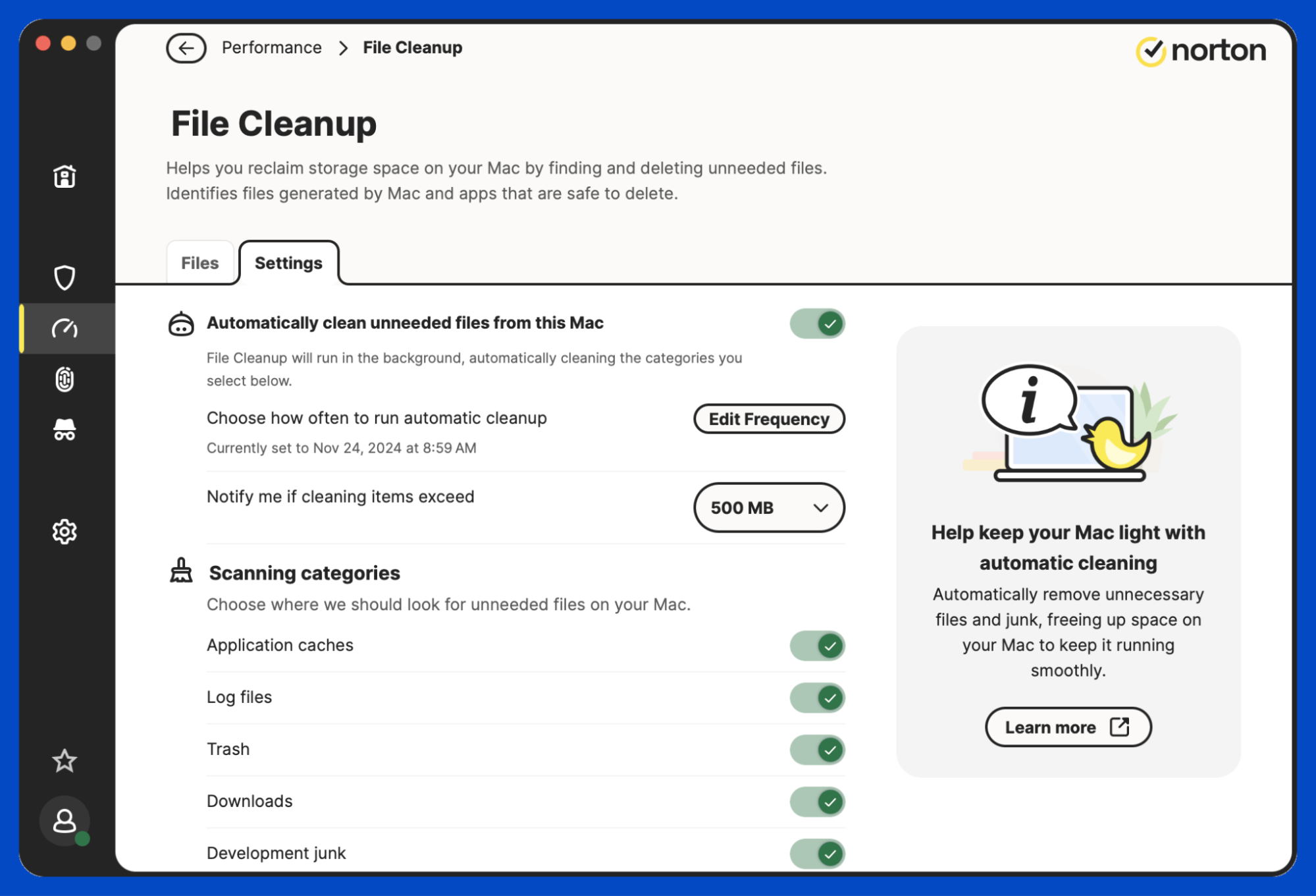 Open Norton 360 on your Mac and review the My Norton screen, which groups device security, the VPN, and identity monitoring.