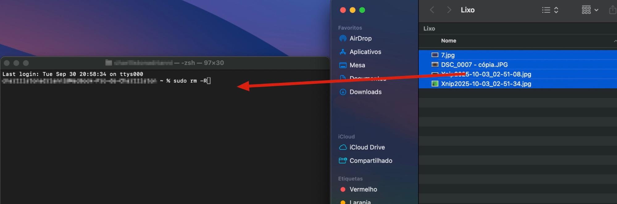 A janela do Terminal aberta ao lado da janela do Lixo no Mac. Para forçar o esvaziamento do Lixo, arraste os arquivos da janela do Lixo para o Terminal após digitar o comando sudo rm -R.