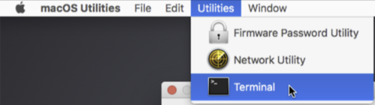 If system Preferences didn't work, you might need to use Terminal in Recovery mode to allow kext on Mac. Once you have reentered Recovery, from macOS Utilities, go to Utilities > Terminal.