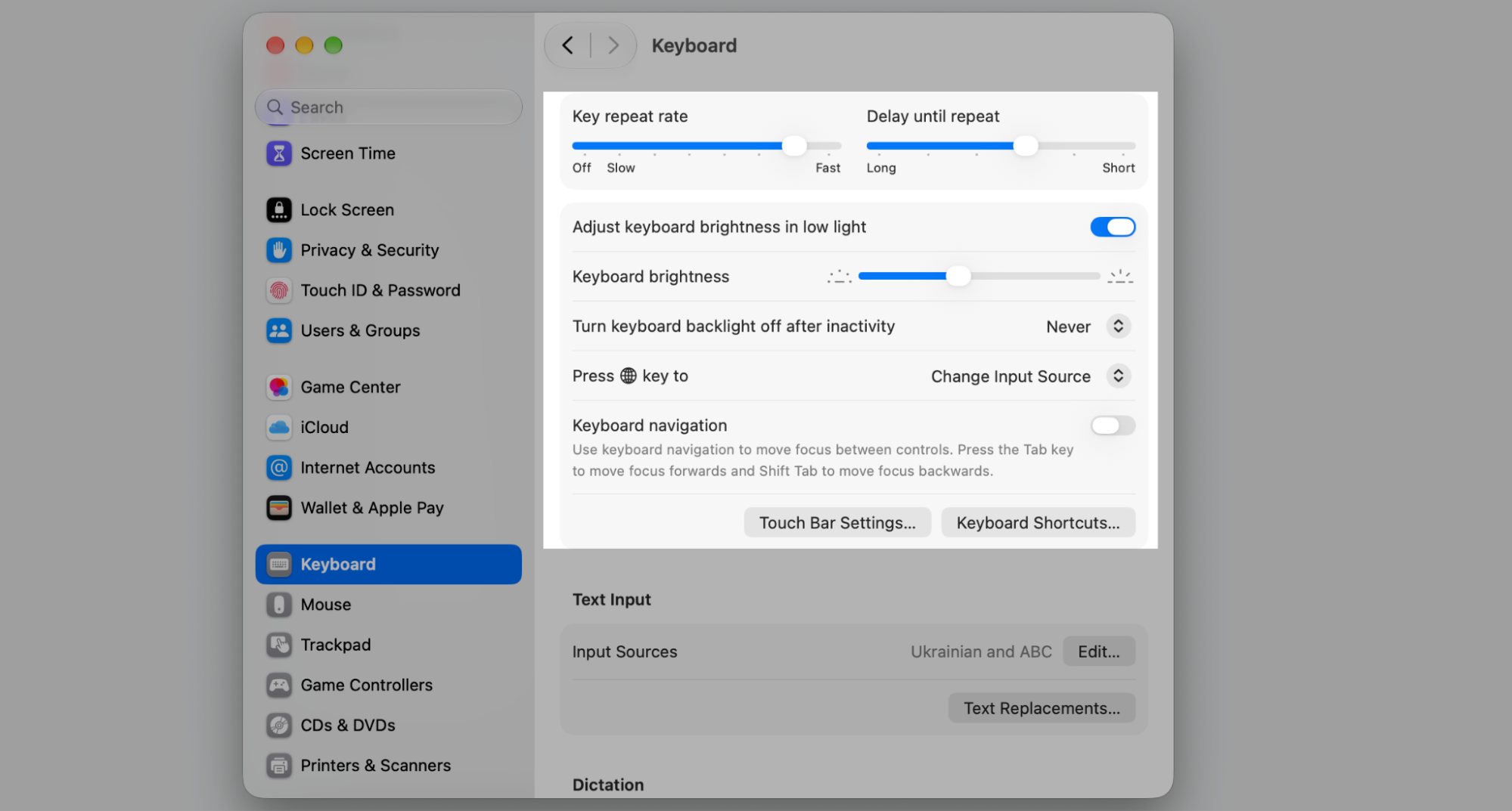 The Keyboard pane in macOS System Settings highlighting key repeat, brightness, Touch Bar, and Keyboard Shortcuts settings on your Mac.