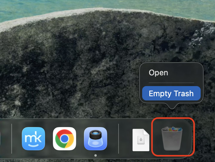 As the final action here, right-click the Trash icon in the Dock and choose Empty Trash to finalize the removal.