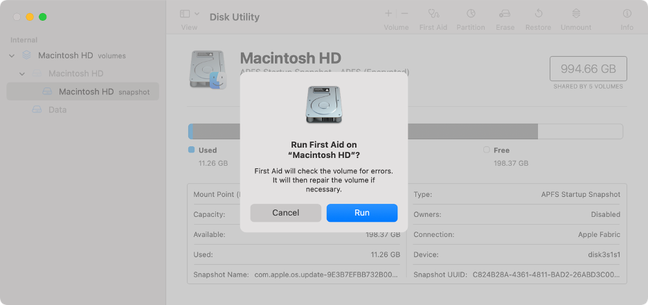 To repair disk issues using the First Aid tool in macOS Disk Utility, click Run on your Mac.