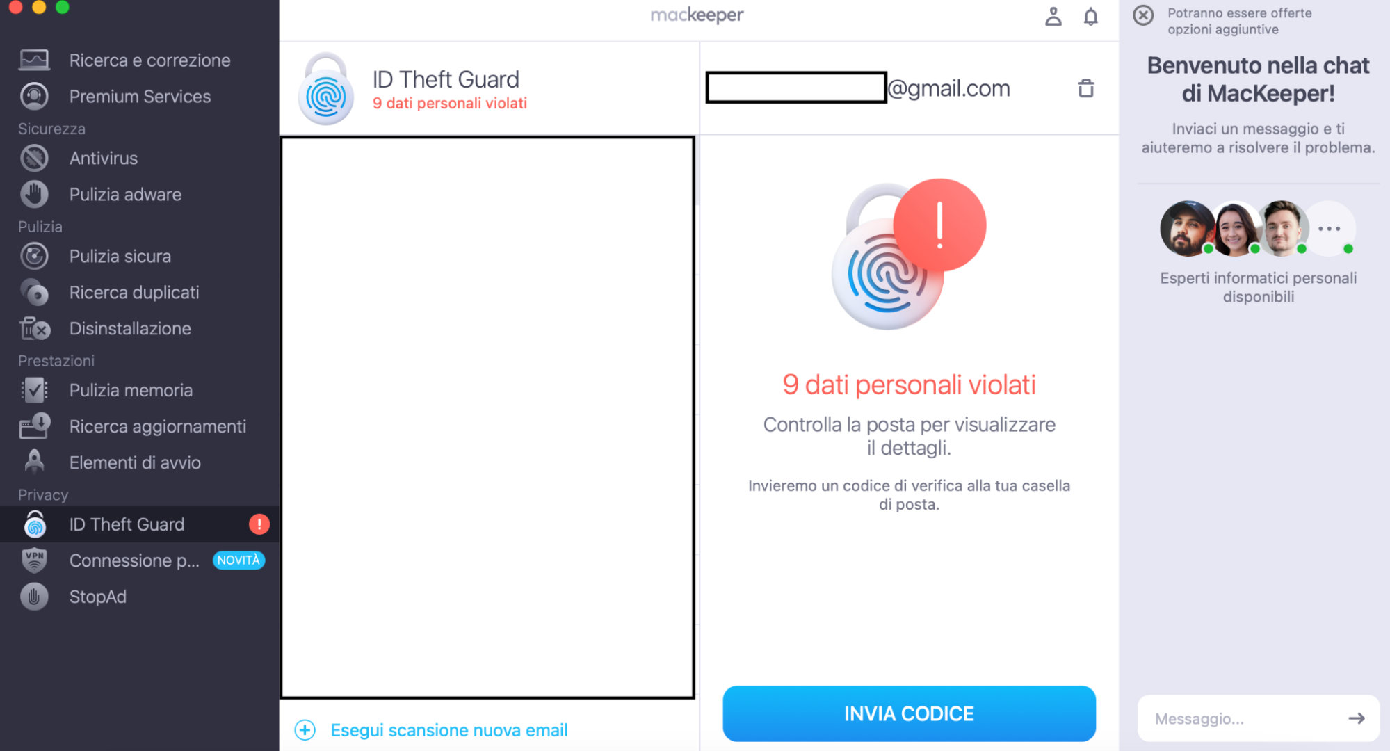 MacKeeper su Mac mostra l'ID Theft Guard. Per verificare se la vostra e-mail è stata compromessa, fate clic sul pulsante Invia codice per avviare la procedura.