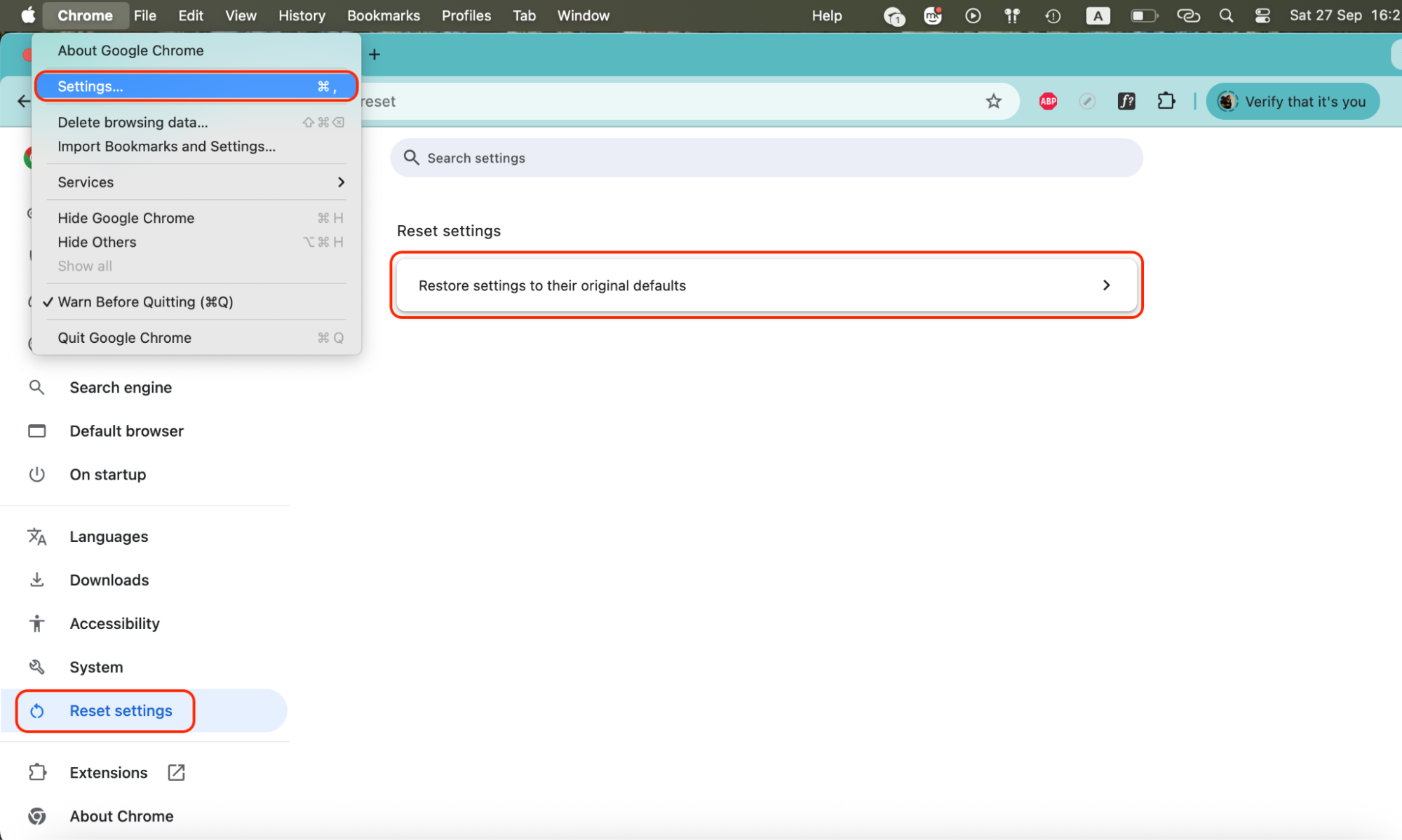 In Chrome > Settings > Reset Settings, choose Restore settings to their original defaults to clear profiles, extensions, and preferences from your Mac.