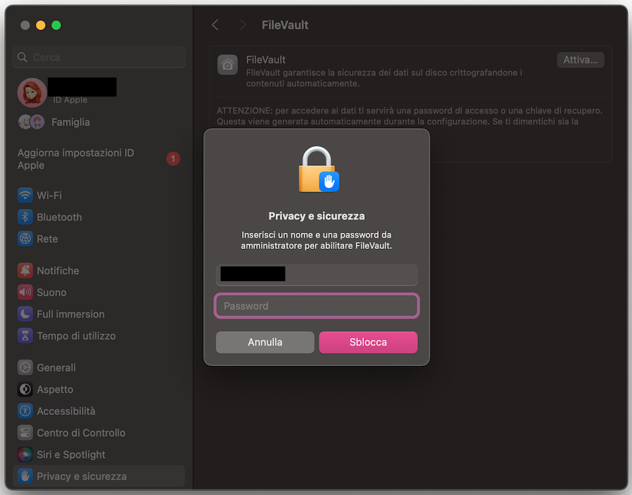 Apparirà una finestra pop-up che ti chiederà nome utente e password di amministratore prima di poter disattivare FileVault. Questo passaggio è necessario per verificare se la modifica migliora la velocità di elaborazione interna e l’avvio del tuo Mac.