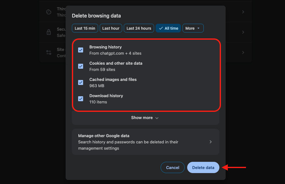Chrome on an Apple laptop with Cached images, Cookies, and site data ticked and the Delete data button to clear the crashing browser.