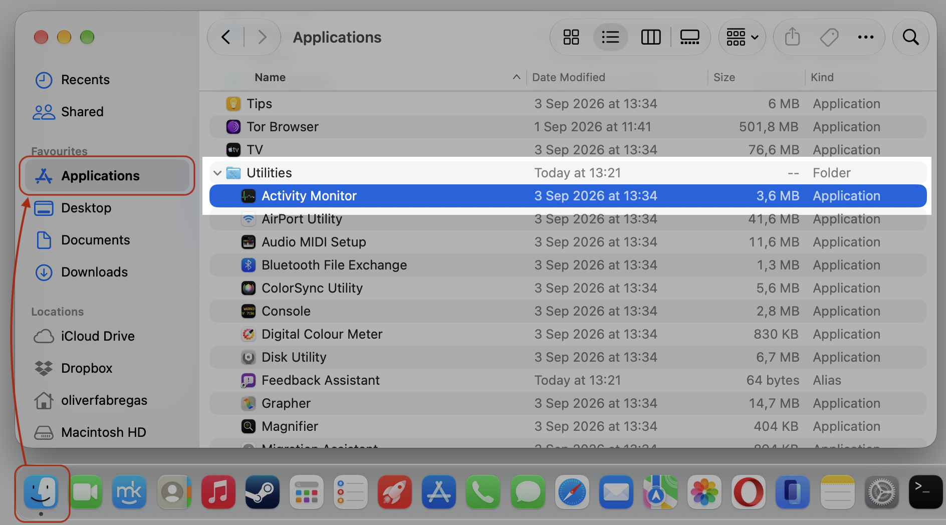 Finder Applications Utilities on macOS with Activity Monitor selected, the first step to quit OneDrive before reinstalling the damaged app.