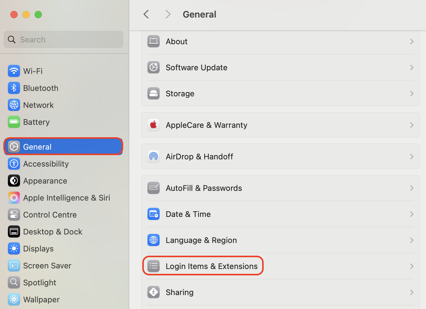 Open System Settings, go to General, then select Login Items & Extensions to view apps that automatically start when you log in.