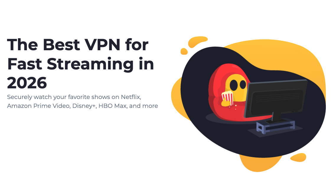 CyberGhost VPN streaming graphic for Mac, promoting fast streaming on Netflix, Disney+, and HBO Max as a beginner-friendly best VPN for Mac.