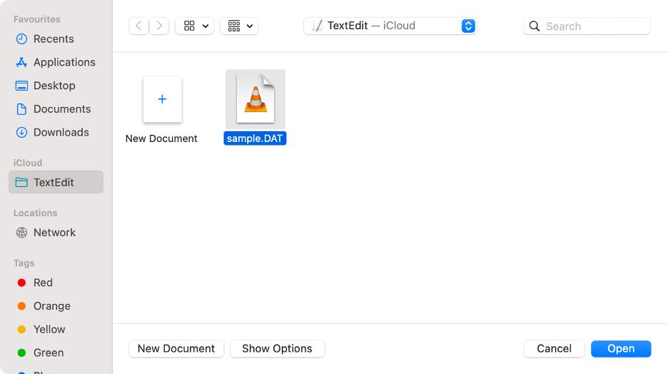 To view a .dat file on your Mac, select it and click the Open button.