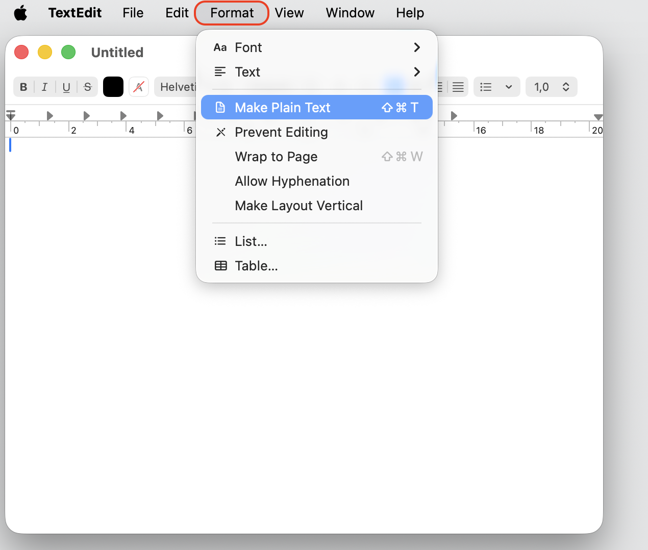 The TextEdit Format menu on macOS with Make Plain Text selected, the step that strips styling before you paste clean text on your Mac.