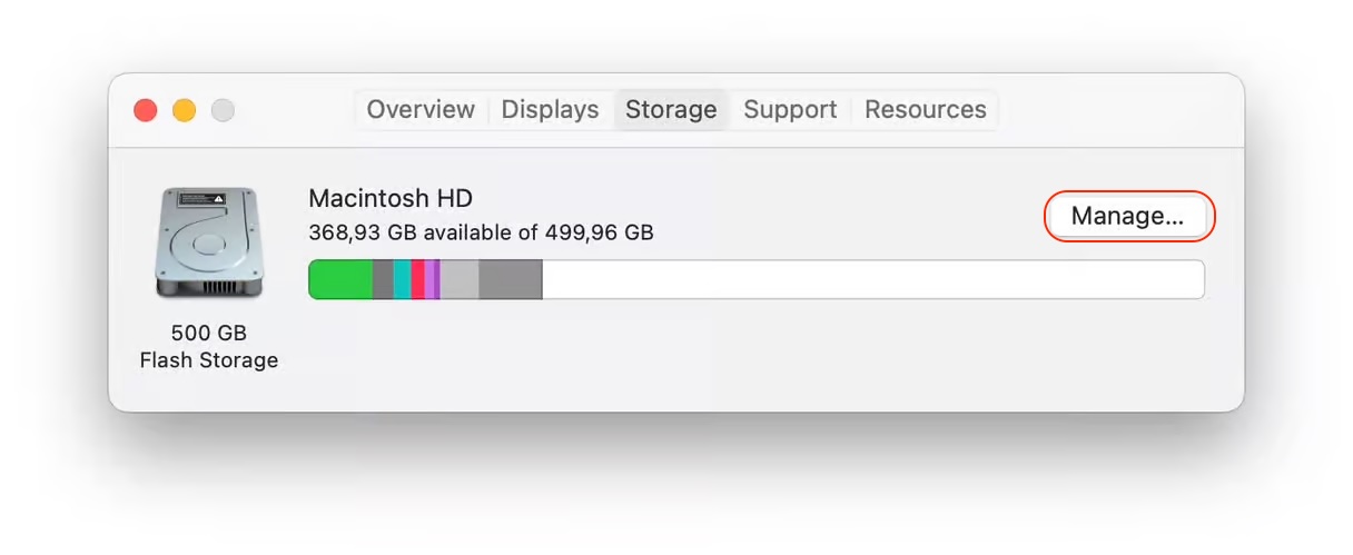 The Storage section inside About This Mac on Mac. Here, you can manage your Mac's storage and free up space for updates when macOS Monterey cannot be installed on Macintosh HD.