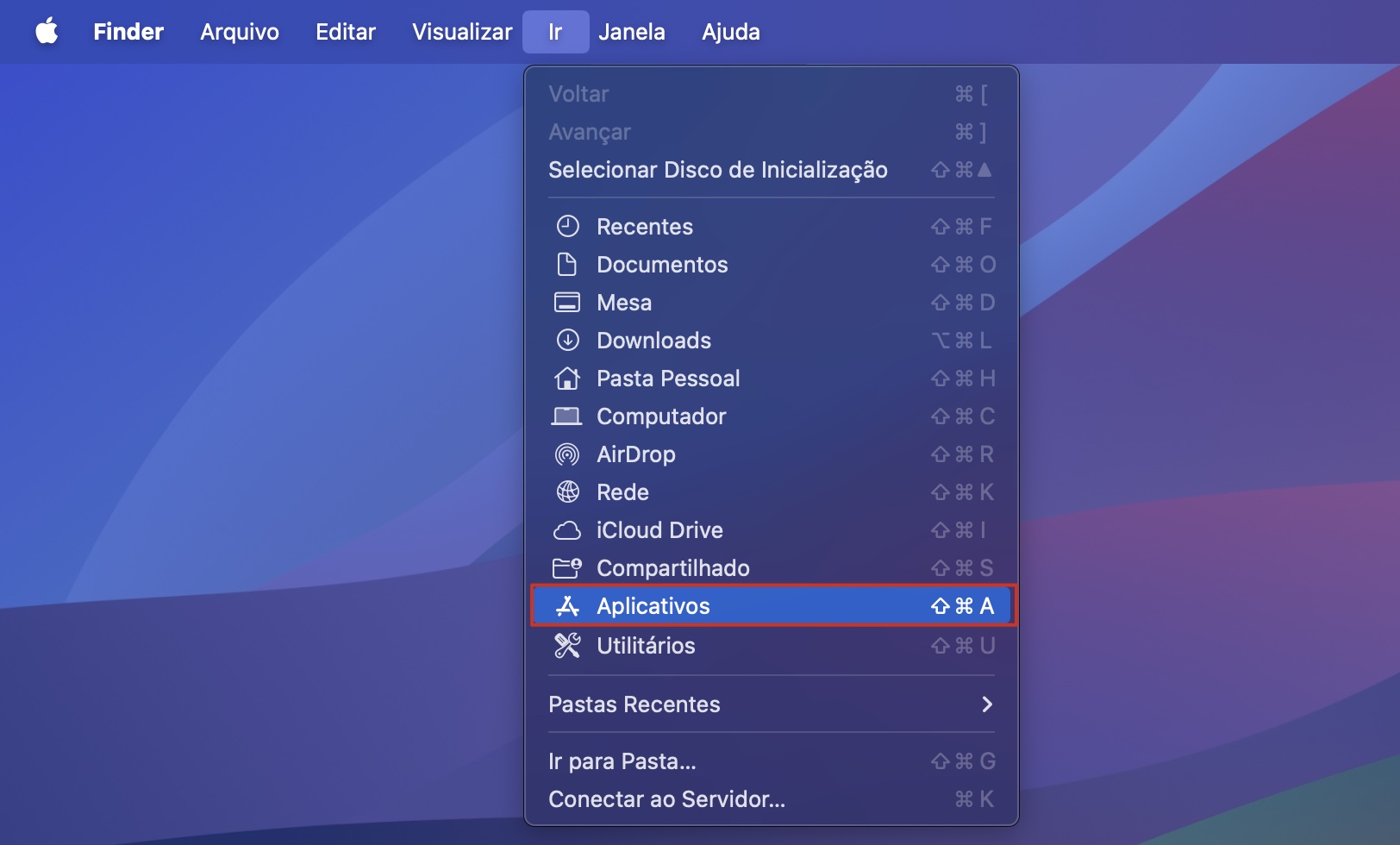 Menu Ir na barra de menus do macOS. Abra o menu Ir e selecione Aplicativos para acessar a pasta Aplicativos.