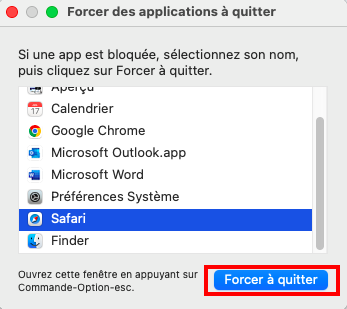 Pour forcer la fermeture de Safari, sélectionnez le logo Apple en haut à gauche de votre écran. Choisissez « Forcer la fermeture », sélectionnez Safari, puis confirmez la fermeture forcée. Pour forcer la fermeture de Safari, sélectionnez le logo Apple en haut à gauche de votre écran. Choisissez « Forcer la fermeture », sélectionnez Safari, puis confirmez la fermeture forcée.