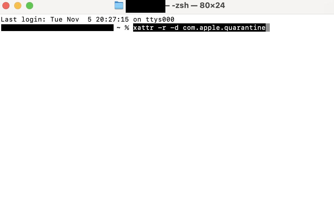In Terminal, enter the xattr -r -d com.apple.quarantine[path to app here] command and press Return.
