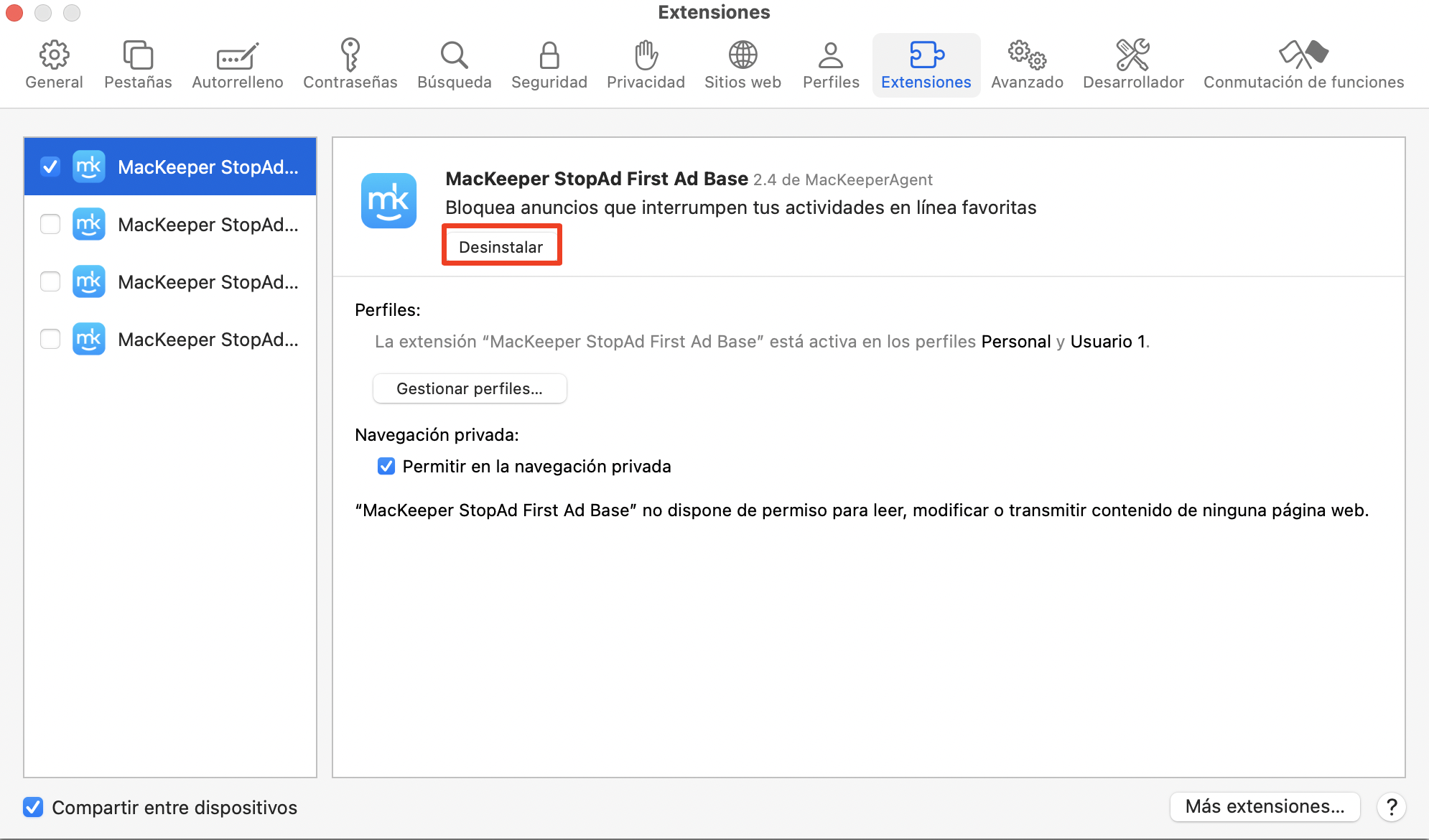 Los ajustes de Extensiones de Safari, con una extensión abierta y Desinstalar resaltado. Cómo quitar extensiones, en una guía sobre cómo eliminar las ventanas emergentes falsas de McAfee en Mac.