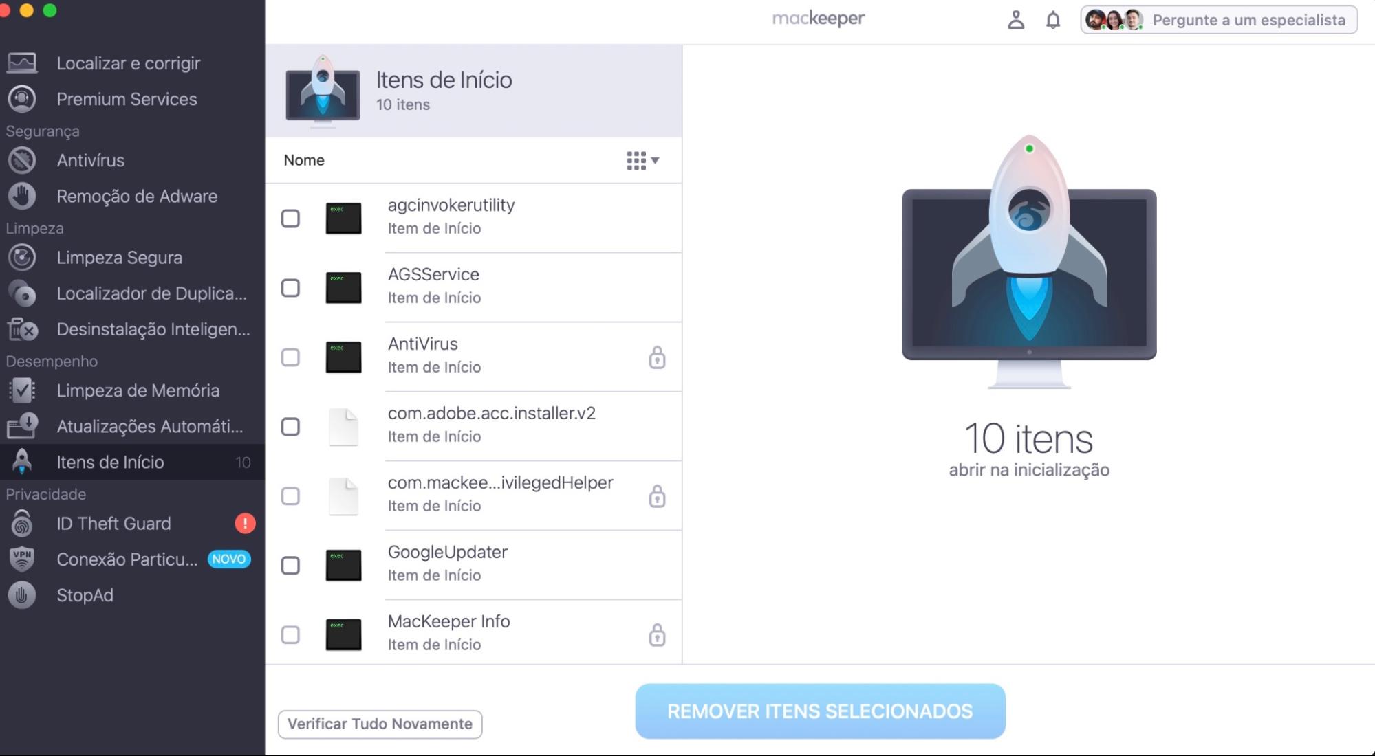Deixe o MacKeeper escanear seu Mac e, após alguns segundos, todos os processos de inicialização e de login serão listados para você analisar. Se houver algum que você não reconheça ou suspeite ser malicioso, marque os itens e clique no botão Remover Itens Selecionados.