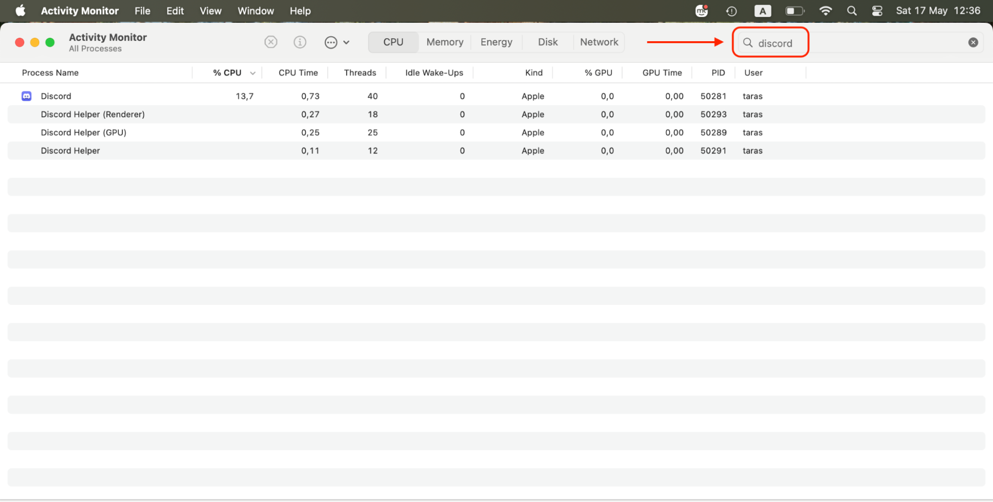 Use the search bar in Activity Monitor to find Discord in the list of active processes currently running on your Mac.