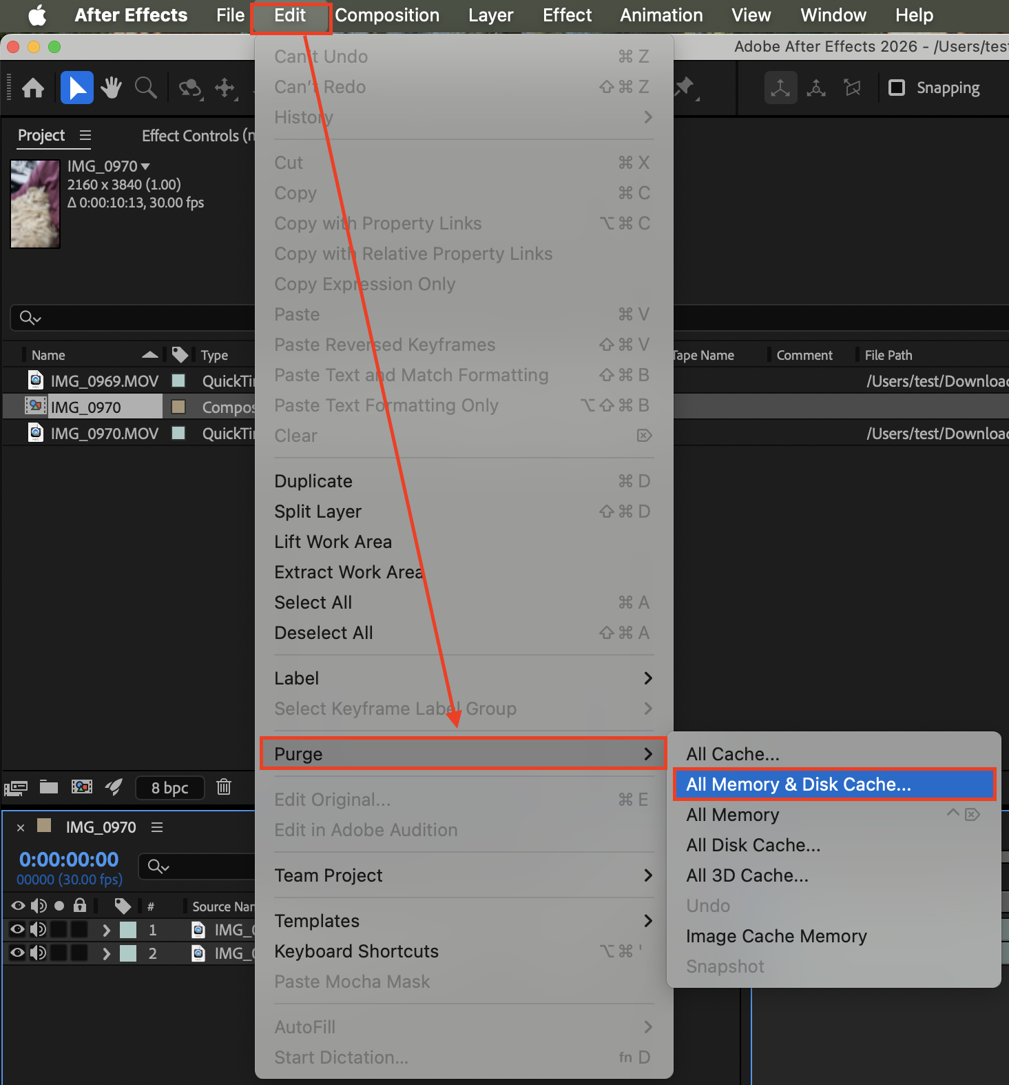 Adobe After Effects Edit menu on MacBook with Purge submenu open and All Memory & Disk Cache option highlighted to purge cache on Mac.