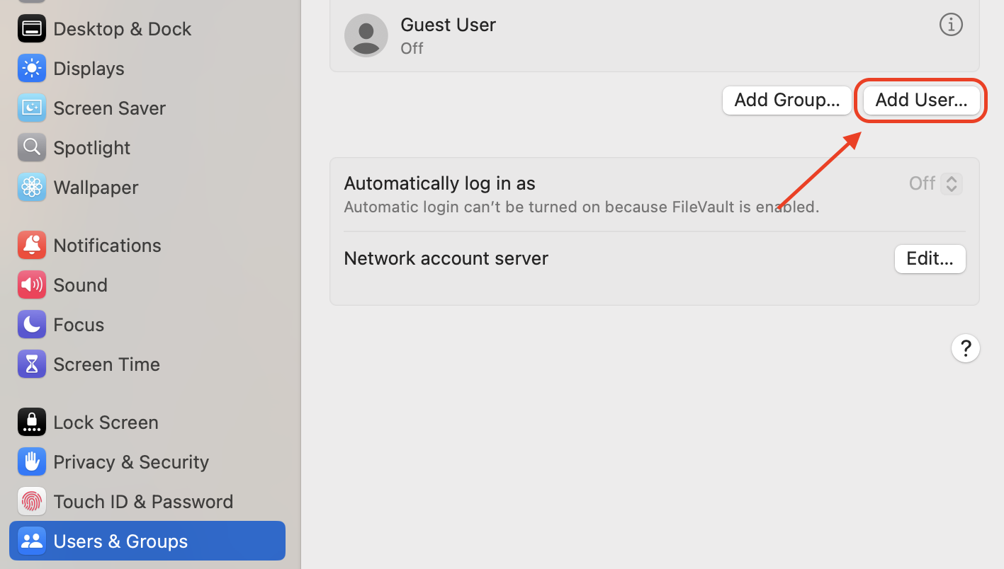 Click Add User to create a new macOS account, which can help determine if existing Security Agent issues are tied to your current user profile.