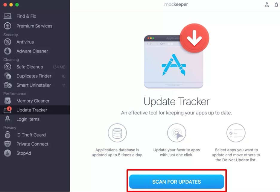 To update Pages on Mac from MacKeeper’s Update Tracker, click the Scan for Updates button.
