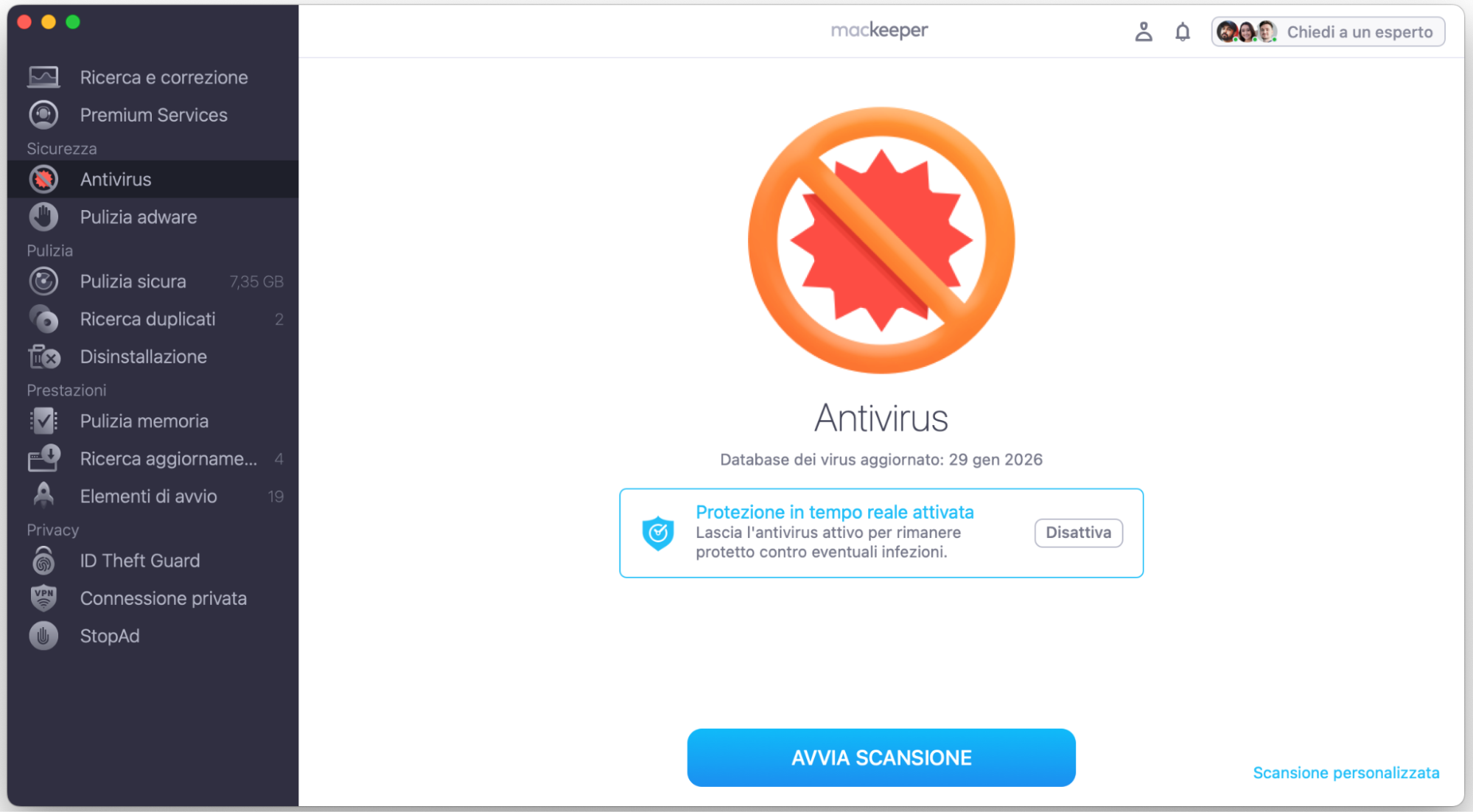 Il malware potrebbe essere la causa dei problemi con il mouse del tuo Mac. Apri MacKeeper e seleziona Antivirus dalla barra laterale.