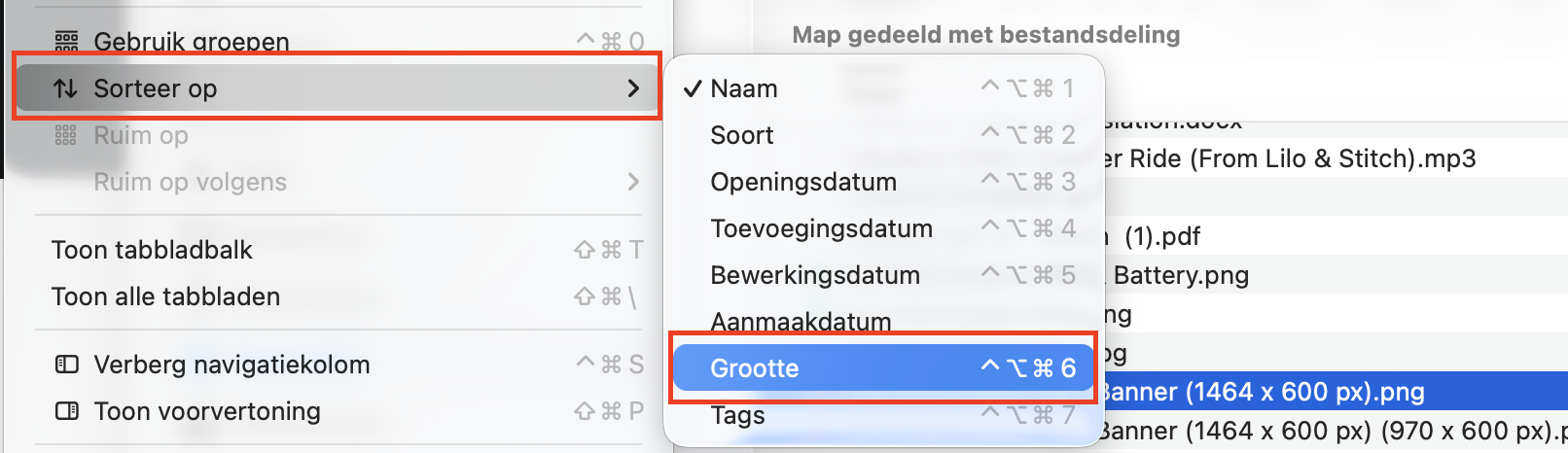 Om je downloads op grootte te sorteren op je Mac, klik je met de rechtermuisknop in je Downloads-map, kies je Sorteer op en selecteer je Grootte.