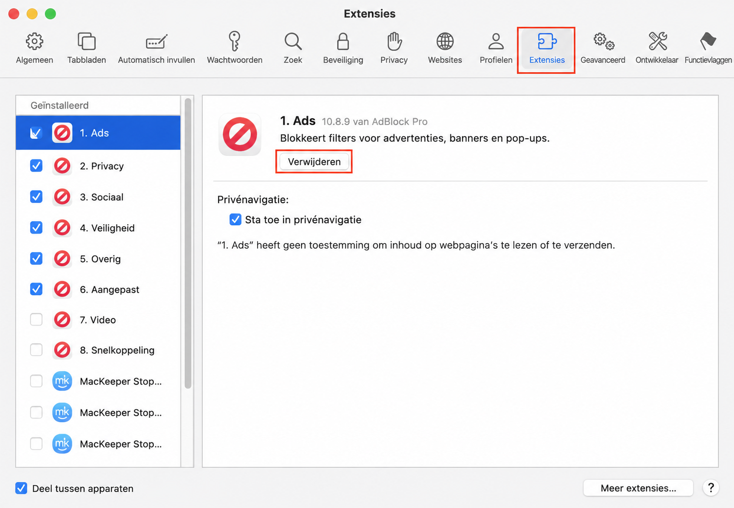De Extensie-instellingen van Safari, met één extensie geopend en Verwijder gemarkeerd. Hoe je extensies verwijdert, in een handleiding over hoe je valse McAfee pop-ups kunt stoppen op Mac.