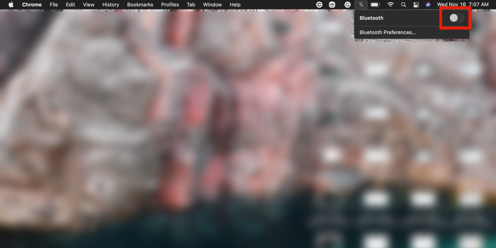 Bluetooth settings are opened in the Mac Control Centre. Switch Bluetooth on to connect your Bose headphones to your Mac.