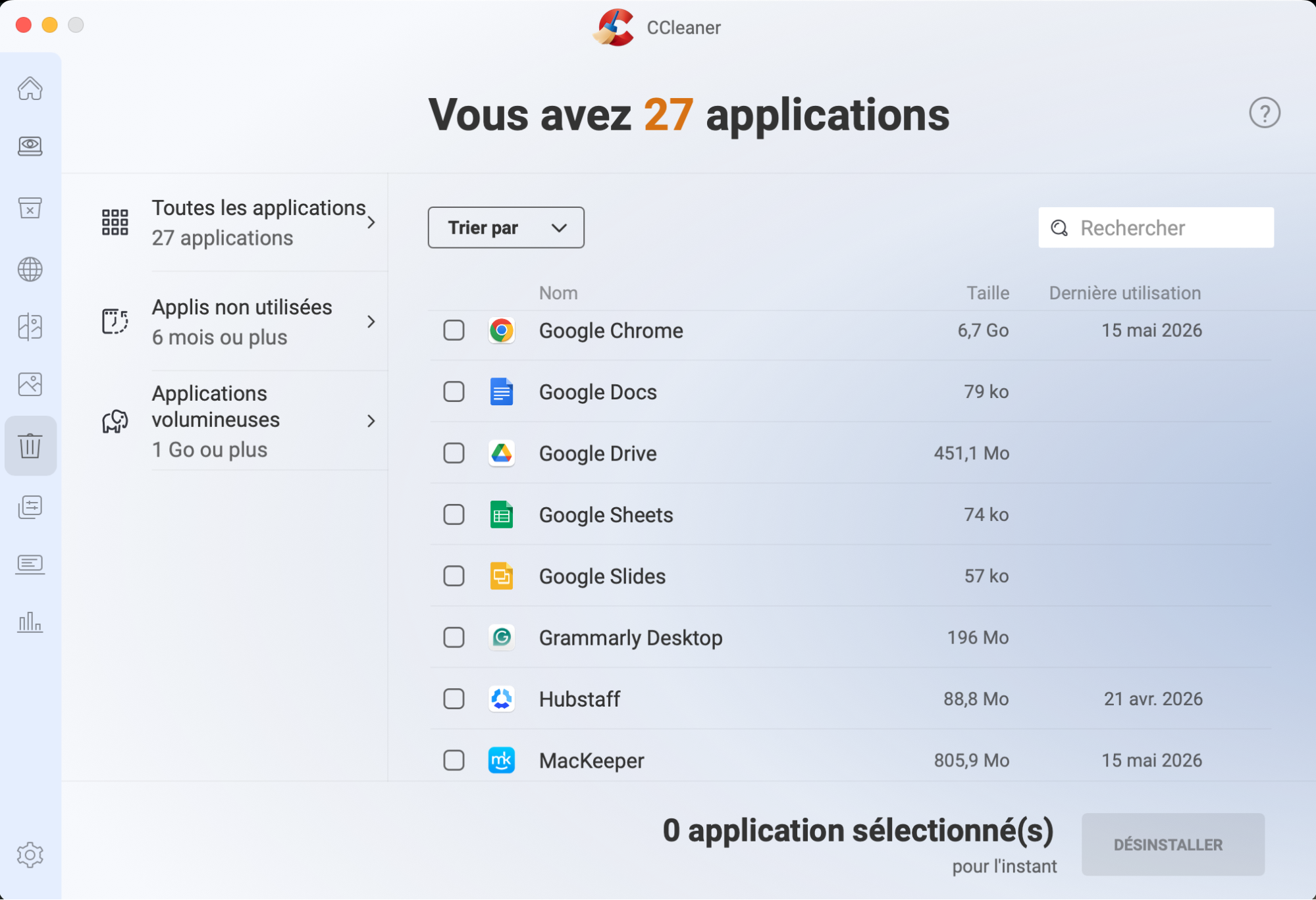 Si vous avez sur votre Mac des applications que vous n’utilisez plus, vous pouvez facilement les supprimer avec CCleaner pour Mac. Cochez-les et sélectionnez Désinstaller pour obtenir les résultats souhaités.