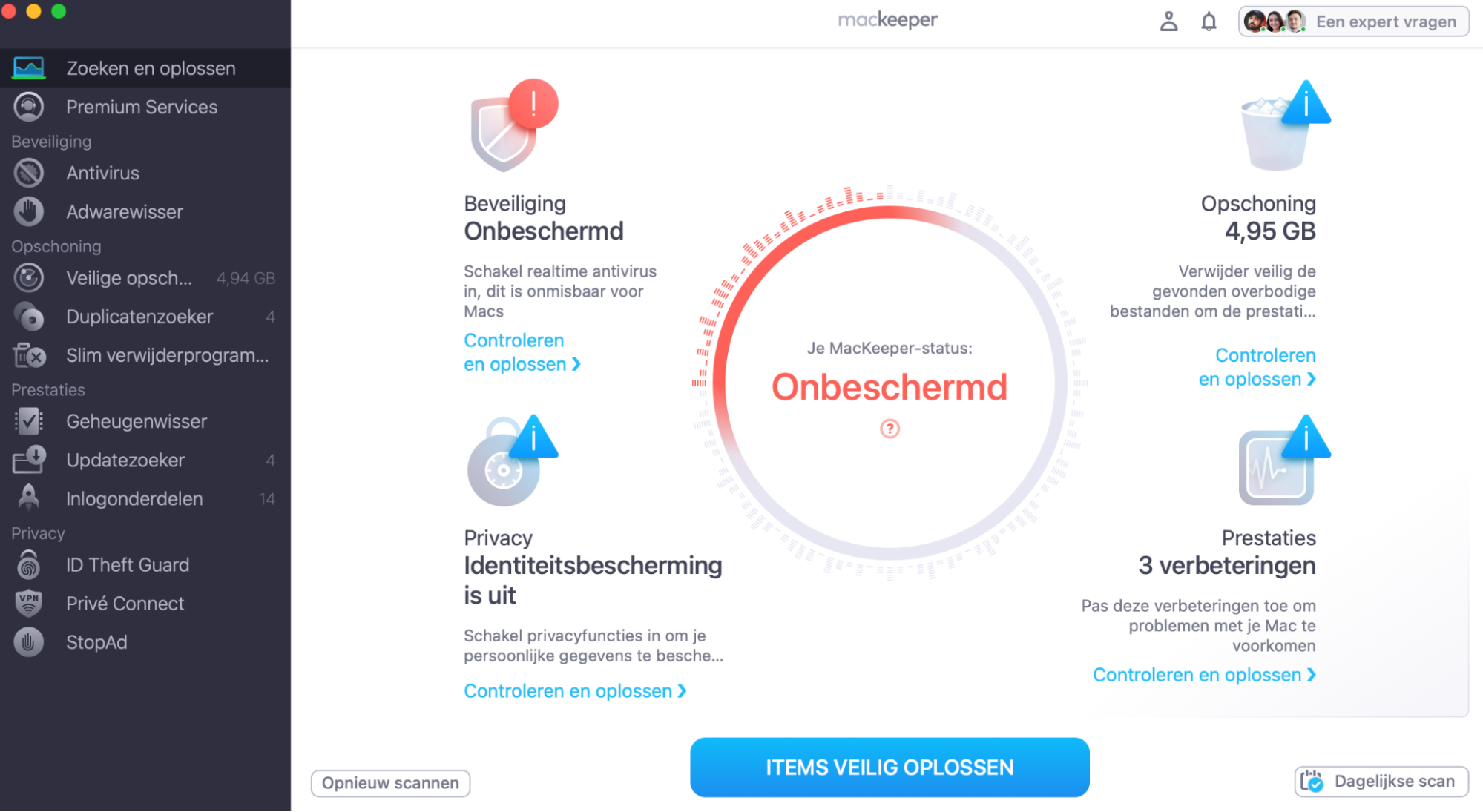 Na de scan toont MacKeeper een overzicht van de problemen die zijn gevonden. Klik op Items veilig oplossen om alle aanbevolen oplossingen in één keer toe te passen, of klik op Controleren en oplossen om de problemen één voor één door te nemen.