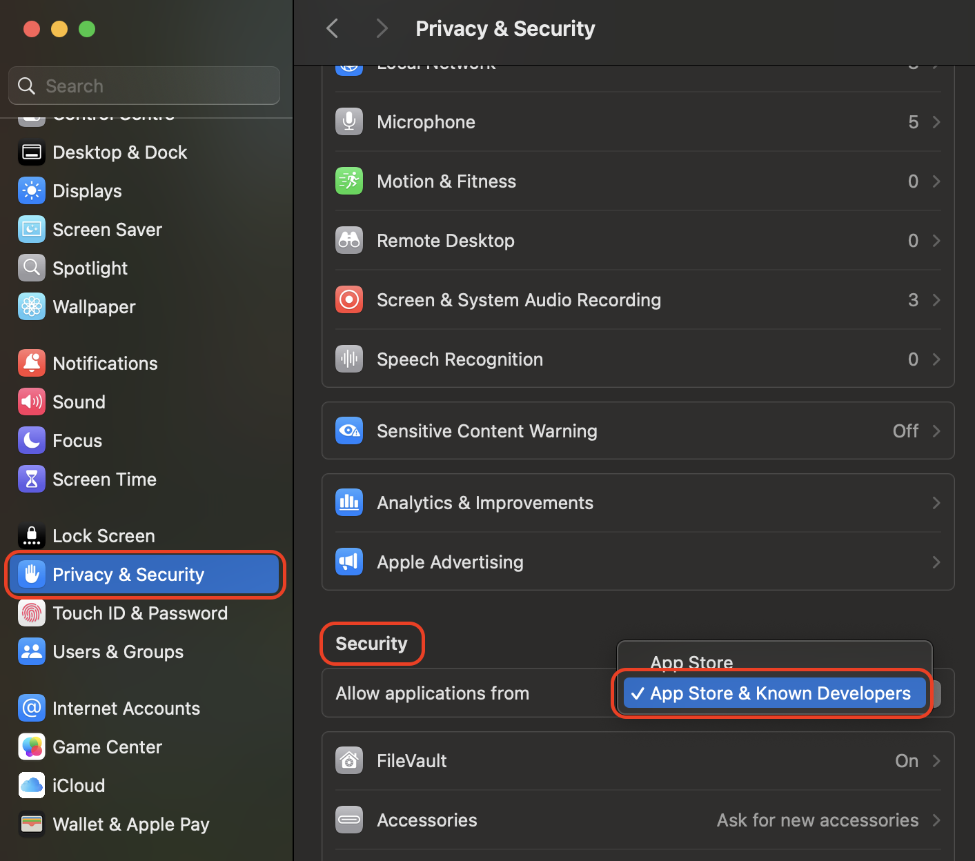 Go to System Settings, open Privacy & Security, scroll to the Security section, and under Allow applications from, select App Store or App Store and known developers.