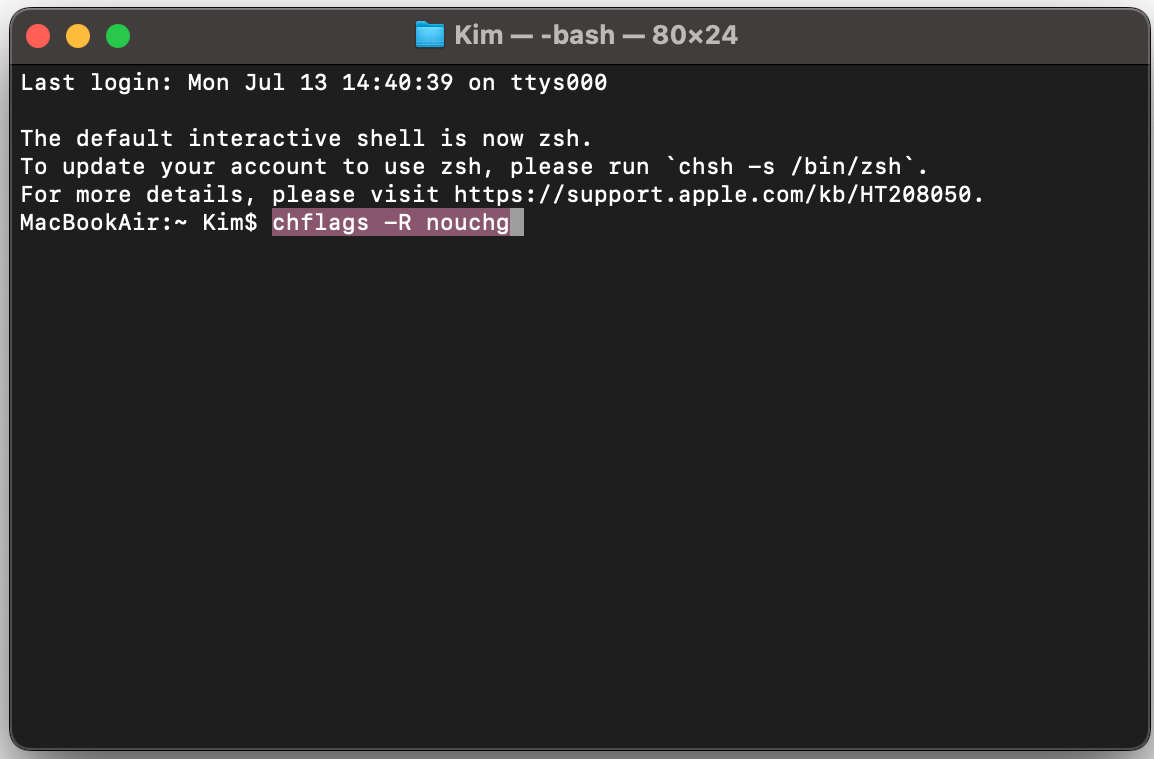 Una finestra di Terminale su Mac. Se vedi un errore mentre provi a riparare i permessi del disco, inserisci prima il comando chflags -R nouchg.