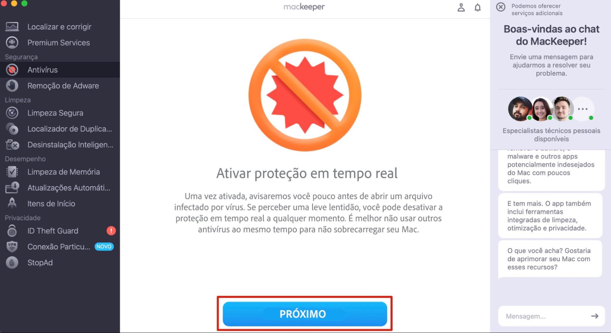 A ferramenta Antivírus no MacKeeper para Mac. Clique em Próximo para configurar a proteção em tempo real e remover malware da sua máquina.