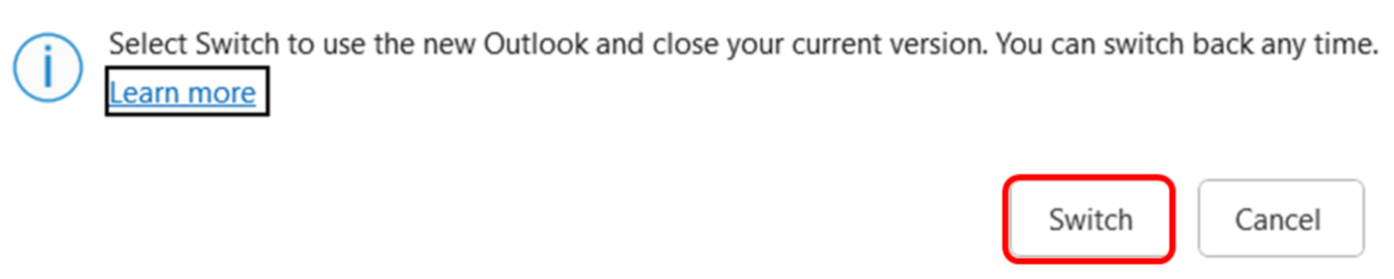 Select Switch or Restart when you see the prompt. This will help you switch from Legacy Outlook to New Outlook on a Mac.