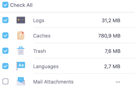 Once the scan has been completed, you can then tick the Caches box. Here, it's possible to clear your caches and to also delete your Trash, along with mail attachments and anything else that needs to be removed.