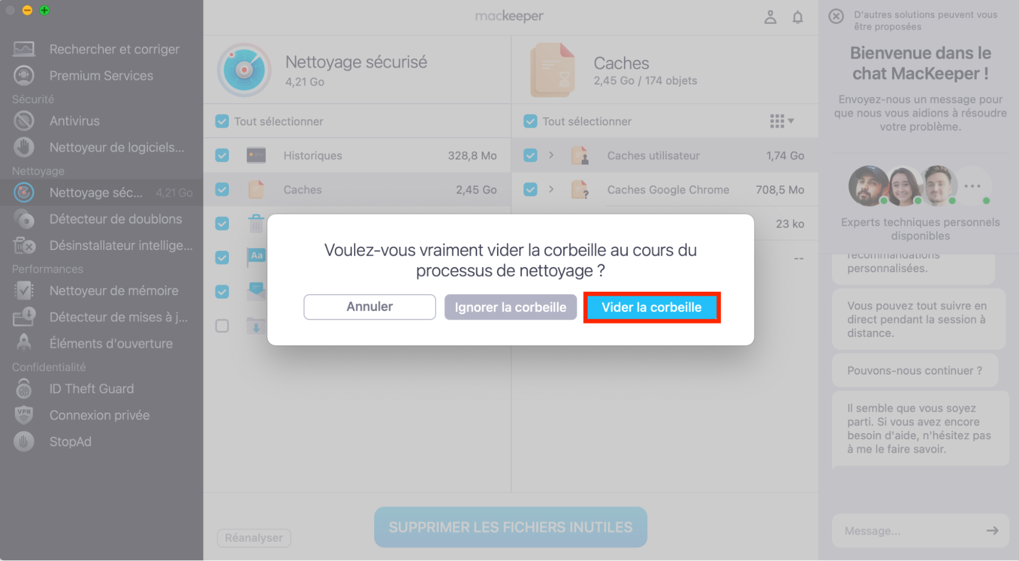 MacKeeper offre la possibilité de vider votre Corbeille sur macOS Monterey – et par là même de supprimer définitivement les caches – pendant le processus de nettoyage. Pour ce faire, sélectionnez Vider la Corbeille.
