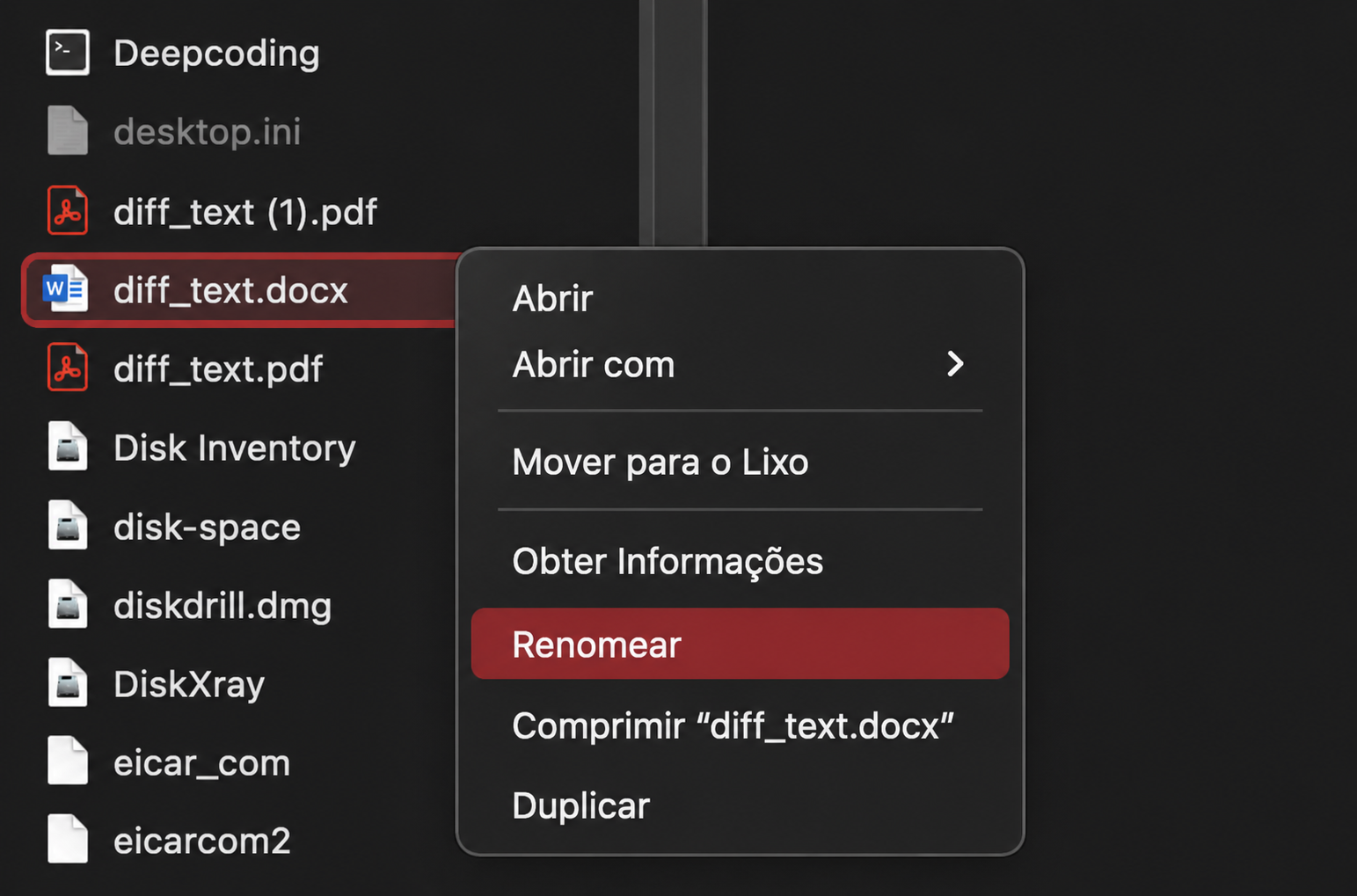 Renomear os arquivos Word pode ajudar quando o Word trava ou reinicia sozinho. Clique com o botão direito no arquivo e escolha 'Renomear'.