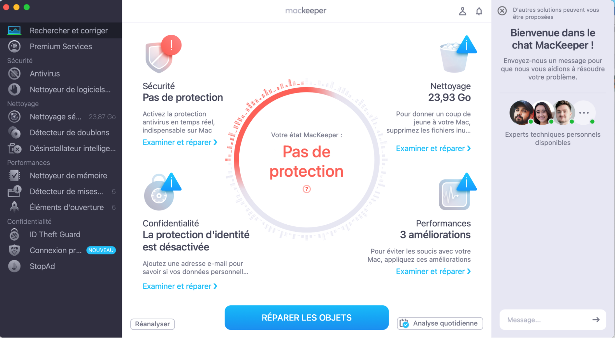 Un moyen simple de rétablir vos icônes de bureau est d’utiliser l’outil Rechercher et corriger de MacKeeper. Lorsque l’analyse est terminée, cliquez sur Réparer les objets sur l’écran principal et profitez ensuite de votre Mac optimisé.